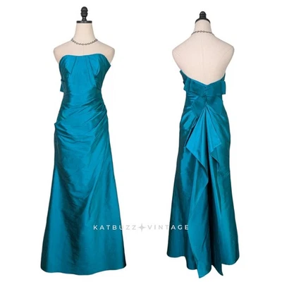 Y2K Strapless Prom Dress Maxi Gown 2 Teal Green Silk Sheath Bow Glam Classic - Image 1 of 4