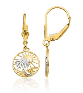 14K Solid Yellow Gold Palm Tree Dangle Earrings - Picture 1 of 11