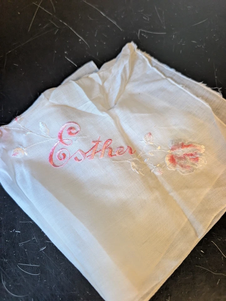 Vintage '50s White Semi Sheer Pink Satin Embroidered ESTHER Hankie Handkerchief - Image 1 of 1