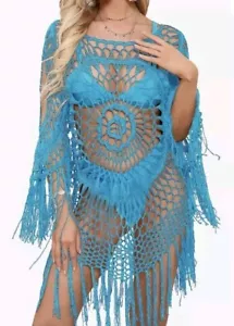 Women's Crochet Hollow Out Tassel Bathing Suit Coverup Summer Dress Turquoise XL - Picture 1 of 3