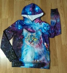 Vintage Cat Galaxy Front Pocket Hooded Girl's Pullover Stretchy Sweater Medium - Picture 1 of 8
