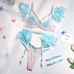 Conjunto de lencería sexy de 3 piezas de encaje decorado con plumas para mujeres panty de cadena G - Imagen 1 de 21