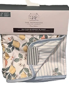 The Farmhouse Rachel Ashwell Baby Blanket Reversible Lemon Orange Blue Stripes - Picture 1 of 7