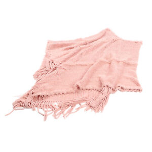 Women Poncho Sweater Skin Pink Lace Decor Tassel Fringed Shawl Wrap Cashmer LVE