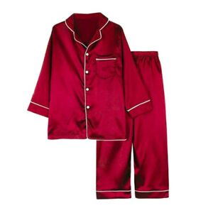 2-10T Unisex Kids Silk Satin Pajamas Set Sleepwear Long Sleeve Pyjamas Nightwear