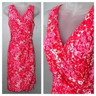 Chaps Size Large Sleeveless Dress Faux Wrap Stretch Chic Preppy Surplice Vibrant - Image 1 of 4