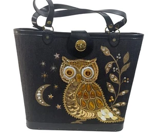 Vintage Night Owl Jeweled HandBag Tote Purse 60s Enid Collins Style Moon Stars - Picture 1 of 11