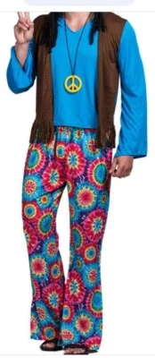 EraSpooky Men's Adult Hippie Love Peace Costume Size XL 2 Pcs Set Shirt & Pants - Image 1 of 4