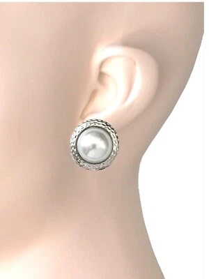 3" Long White Faux Pearls Hoop Earrings Pierced Ears Silver Tone Casual, Party - Image 1 of 3