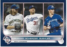 2022 Topps Baseball Blue Border # 204 NL ERA Leaders Burnes Scherzer Buehler ⚾