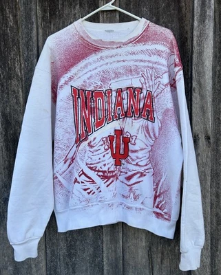Sudadera de Colección Años 90 Indiana Hoosiers Cuello Redondo Explicada AOP Cepillo de Aire RARA Foto 1 de 4
