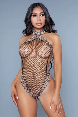 NUEVO CON ETIQUETAS Sexy BE WICKED Leopardo FISHNET Halter Tanga TEDDY Body Lencería Foto 1 de 3
