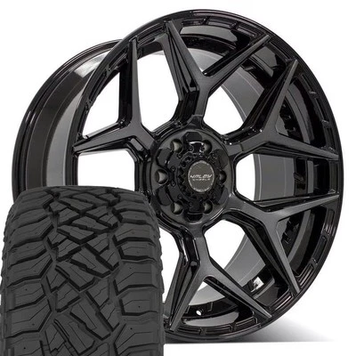 Set(4) 22x10 Black 4PLAY Wheels & 33x12.50R22 R/T Tires 6X135 & 6X139.7 -18ET - Image 1 of 4