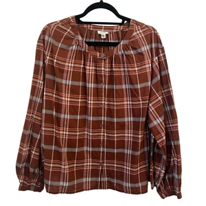a.n.a. Blusa Campesina Talla 0X Marrón Botón a Cuadros Frontal Otoño Informal Algodón Boho  - Imagen 1 de 9