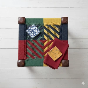 Handwoven Geometric Charpai Stool – Multicolor Rope Weave on Solid Wood Frame - Picture 1 of 4