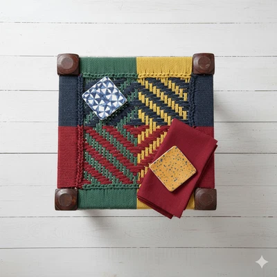 Handwoven Geometric Charpai Stool – Multicolor Rope Weave on Solid Wood Frame - Image 1 of 4