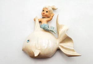 MCM Vintage blaue Keramik Meerjungfrau reitend Fisch Wandrelief-Japan P697 Norcrest - Bild 1 von 6