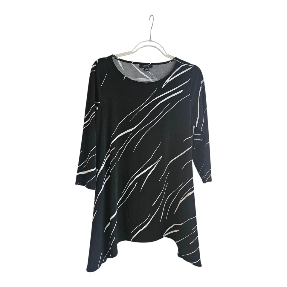 Top túnica Alfani para mujer SM asimétrica negra blanca elástica manga 3/4 abstracta Foto 1 de 4