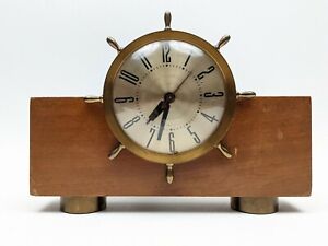 Vintage O B McClintock Co Ships Wheel Nautical Clock Electric MCM Brass & Wood