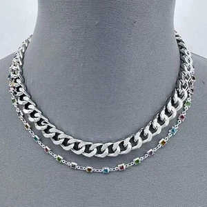 Doppellagige kubanische Gliederkette mit Silberoptik und mehrfarbigem Stein - Bild 1 von 2