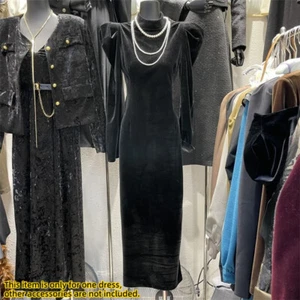 Abito donna velluto finto collo manica a sbuffo abito midi vestito da sera increspato - Foto 1 di 14