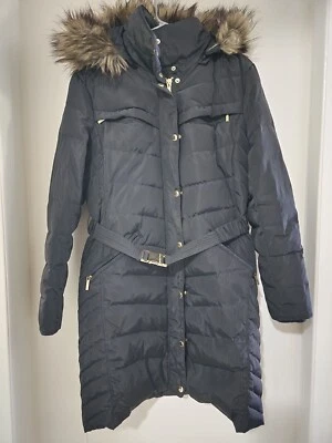 Michael Kors 女式人造毛皮装饰连帽绗缝羽绒大衣中号黑色 — 第 1/4 张图片