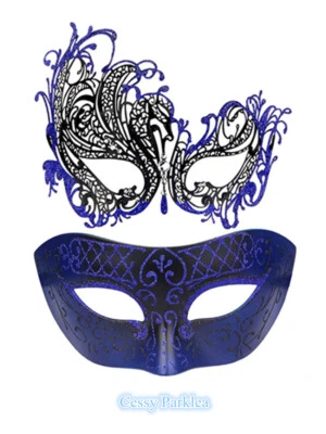 SN-F2-3 Luxury Couples Mysterious Black Blue Venetian Masquerade Masks - Image 1 of 4