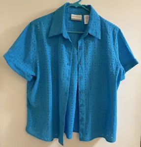 Alfred Dunner Petite Eyelet Cotton Women Button Front Collar Shirt Turquoise 16P - Picture 1 of 5