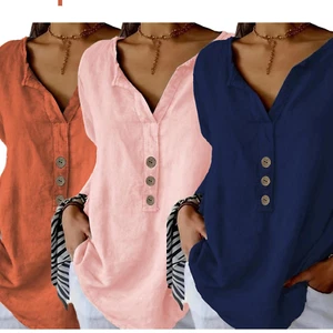 Women's Cotton V-Neck T-Shirt - Casual Solid Color Button-Up Loose Fit Shirt - Picture 1 of 9