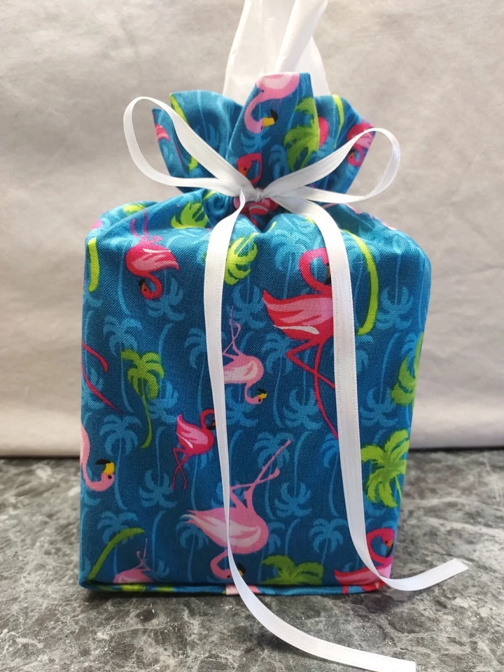 Flamingos Dark & Light Pink, blue Cotton Fabric Handmade square Tissue Box Cover - Image 1 of 2