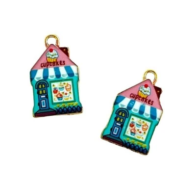 10 Enamel Bakery Cupcakes Cottage House Gold Bead Drops 22mm Charms Pendants - Image 1 of 3