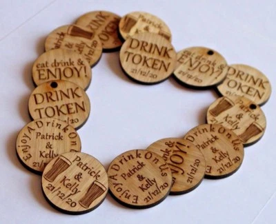 Personalised Oak Drink Tokens Wedding Favours Circles Party Celebration Wooden - Image 1 of 4