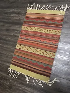 Handmade Area Rug Fringes Vintage Multicolor striped  22x36" Southwestern Style  - Picture 1 of 8