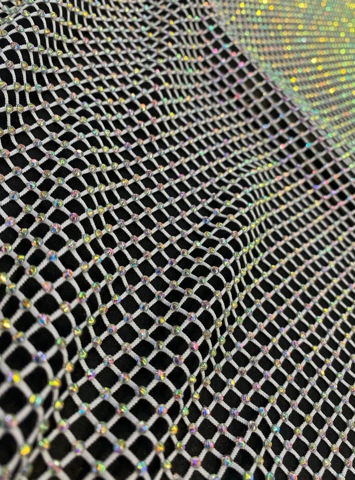 Rhinestone on black Mesh Shiny Stretch Crystal Fabric Rainbow Rhinestone Stretch - Image 1 of 1
