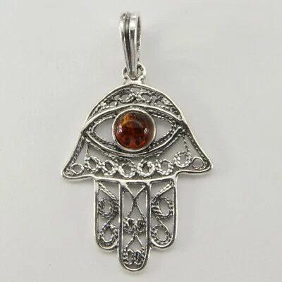 Colgante Coñac/Marrón Hamsa Mano Ojo Ámbar Báltico - PLATA ESTERLINA 925 #4964e Foto 1 de 3