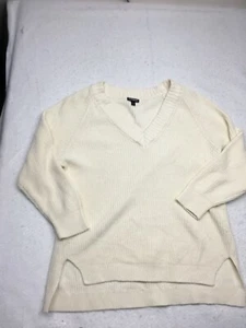 Express Womens Pullover Sweater Ivory Long Sleeve V Neck High Low Hem w/ Slit - Picture 1 of 9