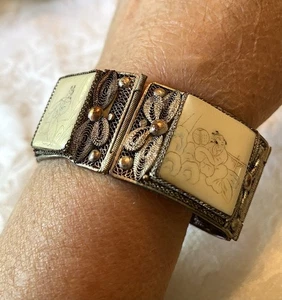 Antique Chinese Filigree Carved White Jade Panel Bracelet - Picture 1 of 14
