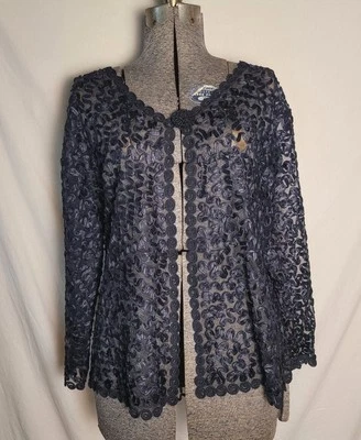 Cárdigan negro bordado malla transparente vintage años 70 80 Top Funky Swirl L/XL Foto 1 de 4