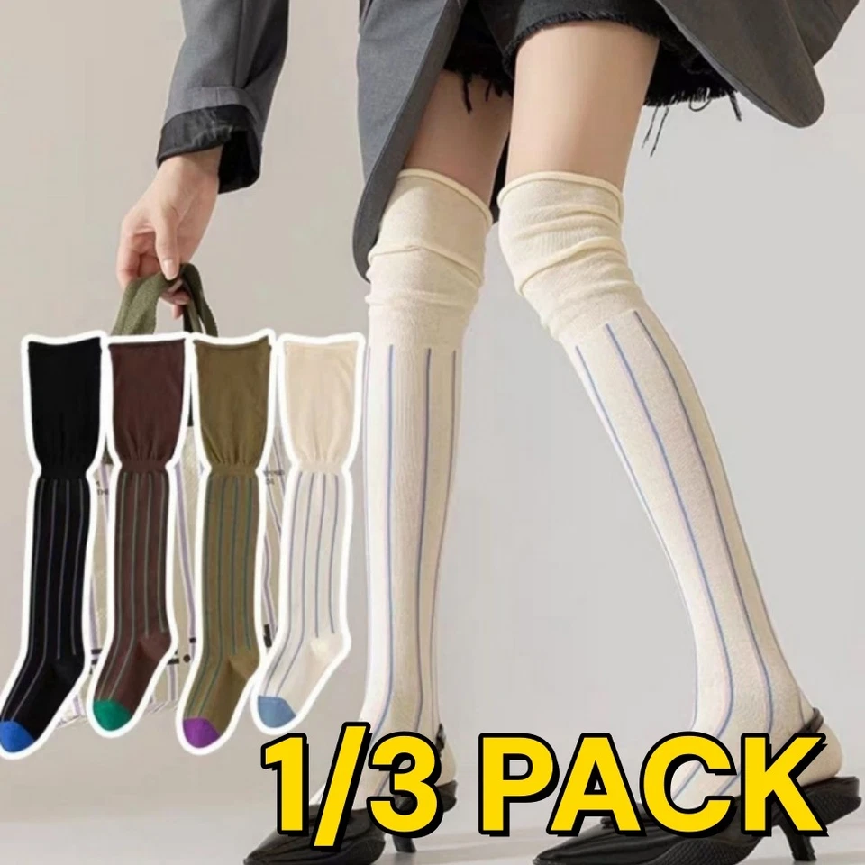 Paquete de 1/3 calcetines de mujer a rayas verticales hasta el muslo hasta la rodilla boca suelta medias altas☾ Foto 1 de 4