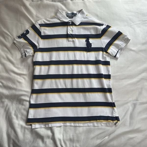 Polo Ralph Lauren Striped Polo Shirt Mens Large Slim Fit Big Pony #3 White Navy - Picture 1 of 9