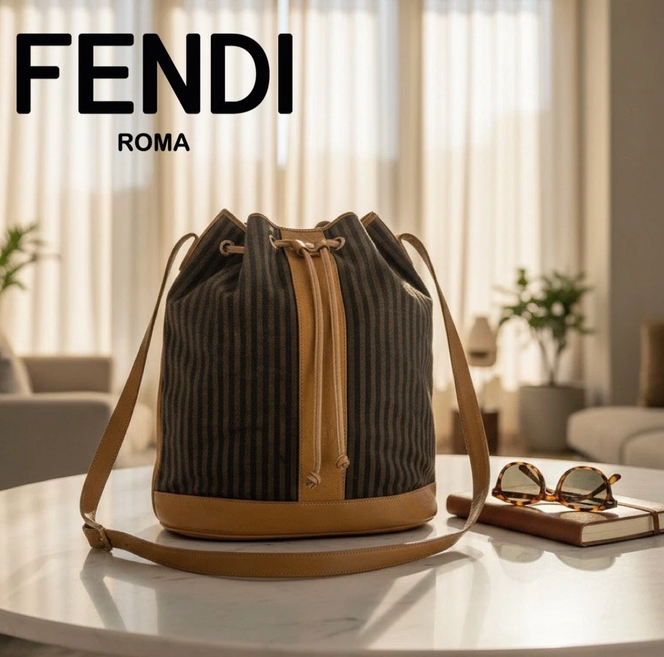 FENDI Vintage 70s Pequin Brown Tan Striped Leather Crossbody Bucket Bag - Image 1 of 4