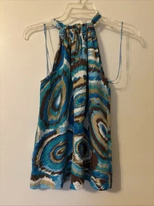 Michael Kors Tank Top Medium 100% silk High Neck Halter Blue Brown Sleevelss - Picture 1 of 3