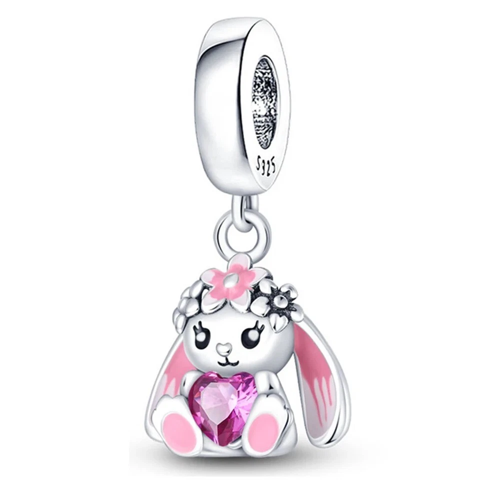 Cute Bunny Holding Heart Pendant S925 Sterling Silver Bead Charm for Women - Image 1 of 2
