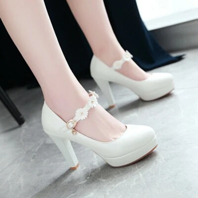 Sexy Para Mujer Flor Hebilla 10 cm Alto Chucky Tacones Dulce Charol Forma Planta Foto 1 de 4