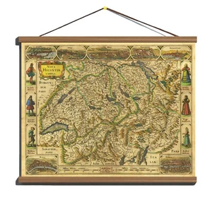 Old 1617 Antique Rare Map of Ancient Switzerland Helvetia; Canvas, Wooden Hanger - Picture 1 of 18