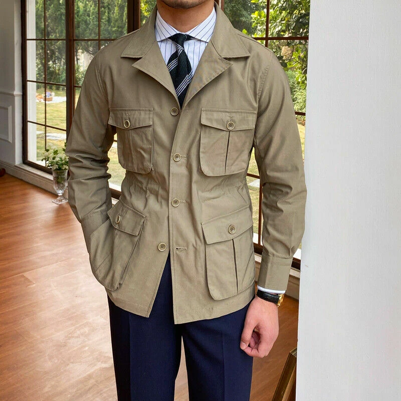 Chaqueta de safari vintage para hombre cuatro bolsillos abrigos de caza calce ajustado caqui beige plus Foto 1 de 4