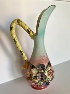 Vintage Norleans Keramik Krug Vase Boho angewandte Blumen Japan Rose Rosa Aqua Gold - Bild 1 von 21