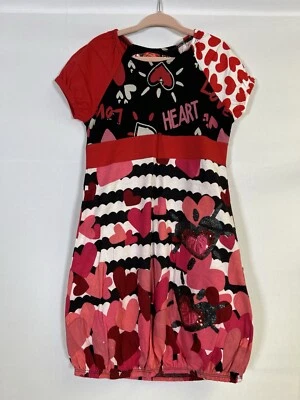 Desigual 7/8 Girls Cotton Red Heart Striped T Shirt Dress Colorful Boho - Image 1 of 4