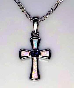 White Opal Cross with Round Tanzanite .925 SOLID Sterling Silver - Picture 1 of 13