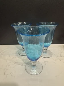 3 PC Artland Hand Blown Wine Glasses Goblets Turquoise Iris Blue Seeded Bubble - Picture 1 of 4